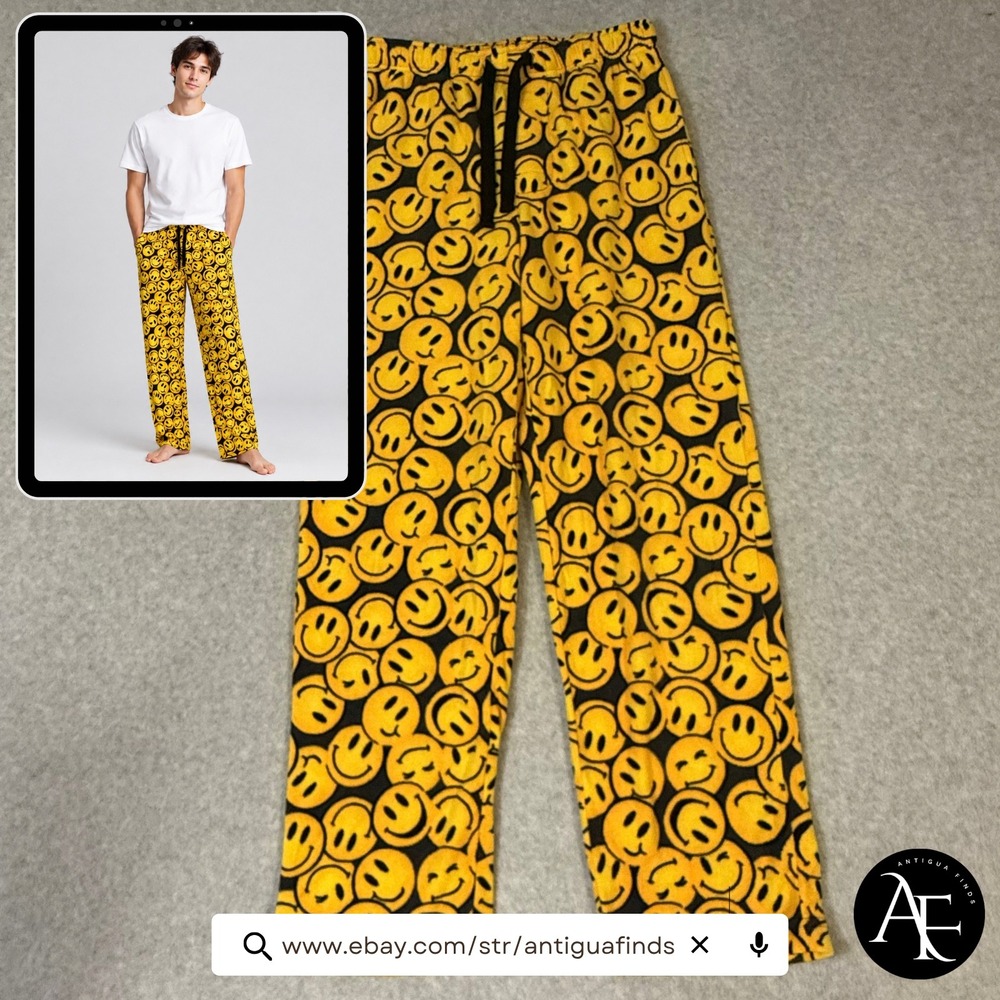 Croft & Barrow Smiley Face Fleece Pajama Pants Yellow Black Mens Small S